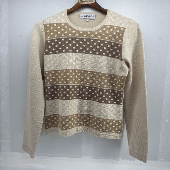 Vintage Jaegar Womens 100% Cashmere Sweater Size Medium Crew Neck Tan Polka Dots - Picture 1 of 7